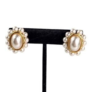 Vintage Napier Pierced Stud Earrings Faux Pearl Gold Tone Oval String Pearl Halo